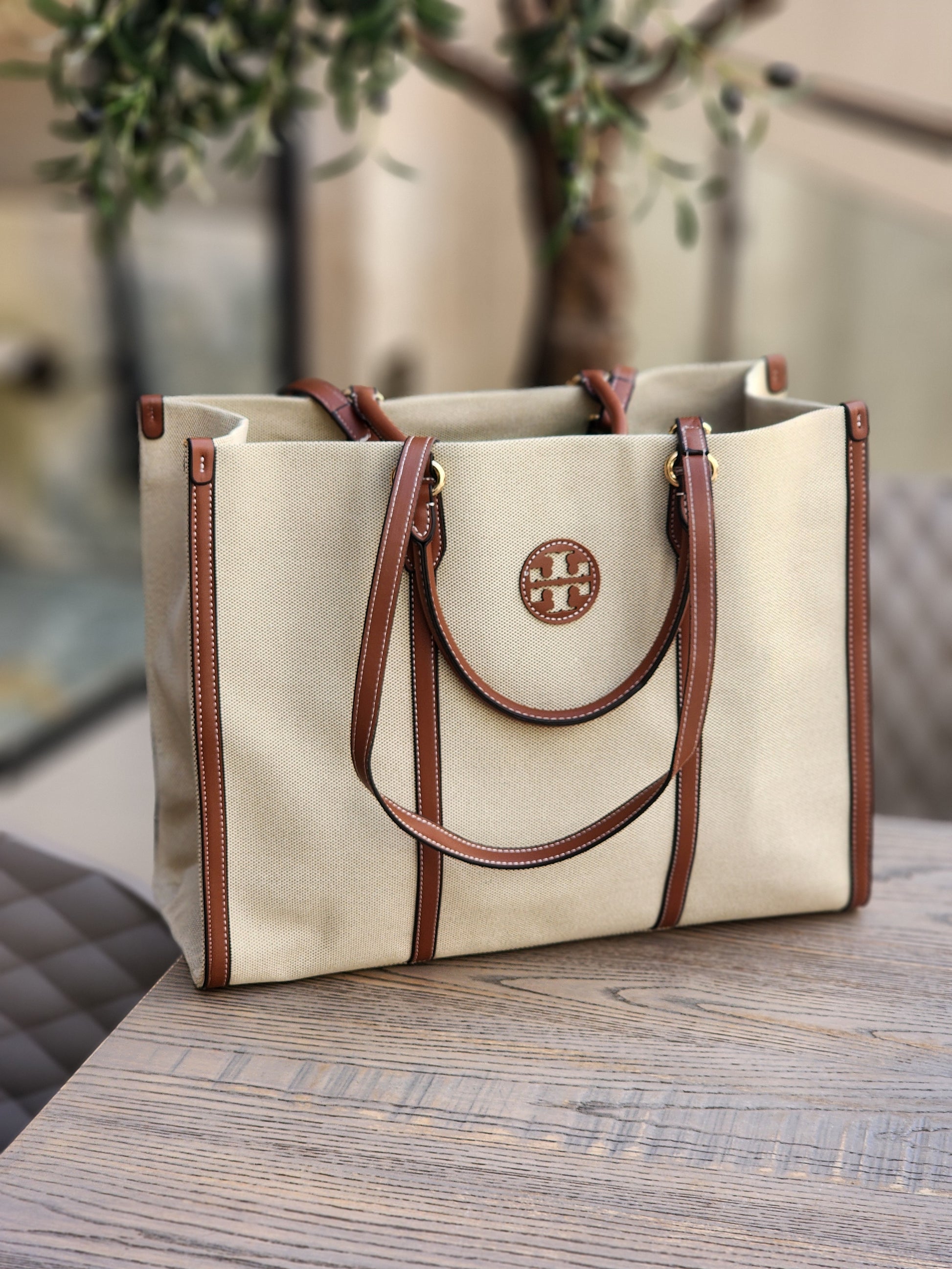 Canvas Structured Tote – Cream with Brown Trim