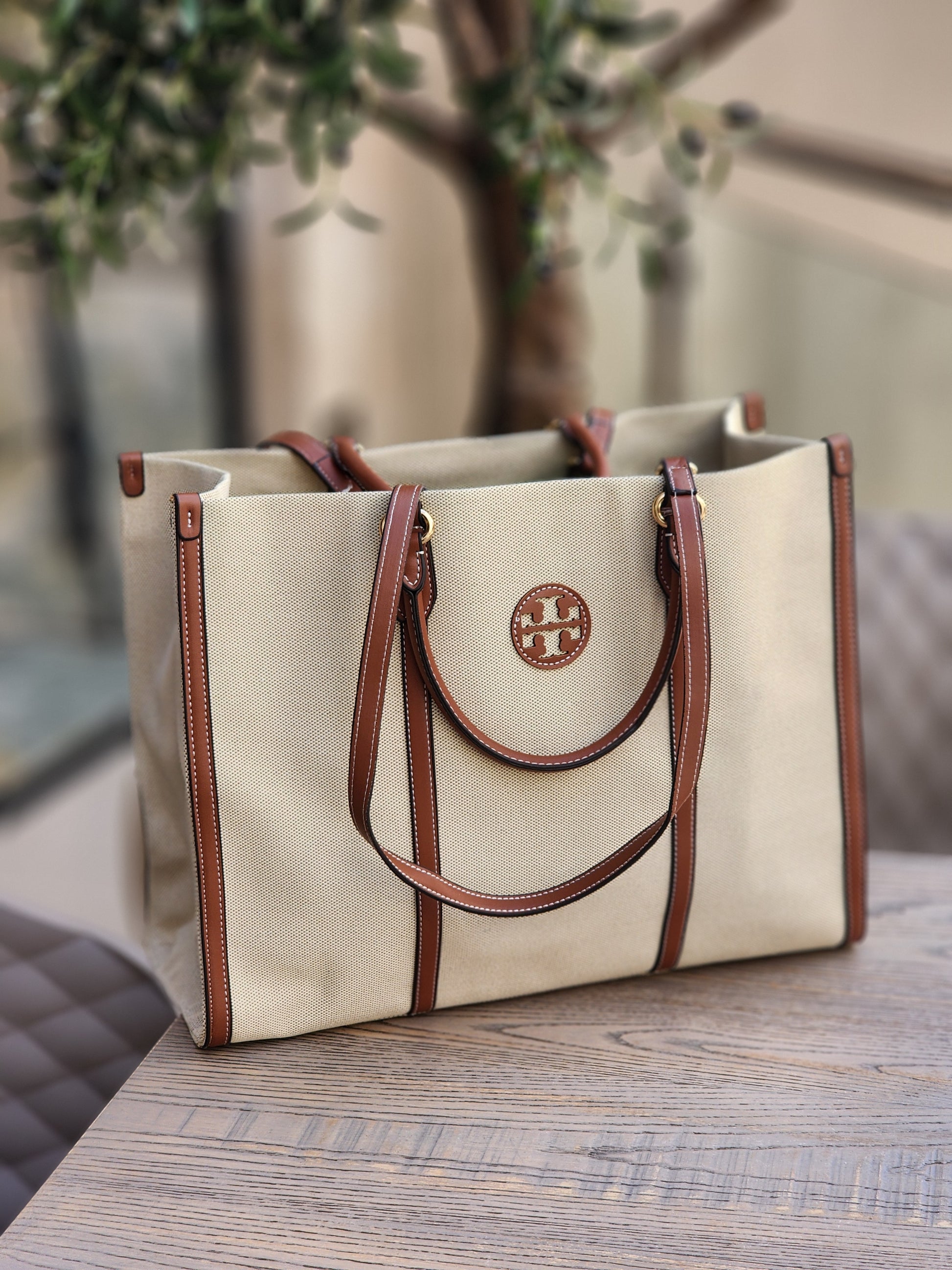 Canvas Structured Tote – Cream with Brown Trim