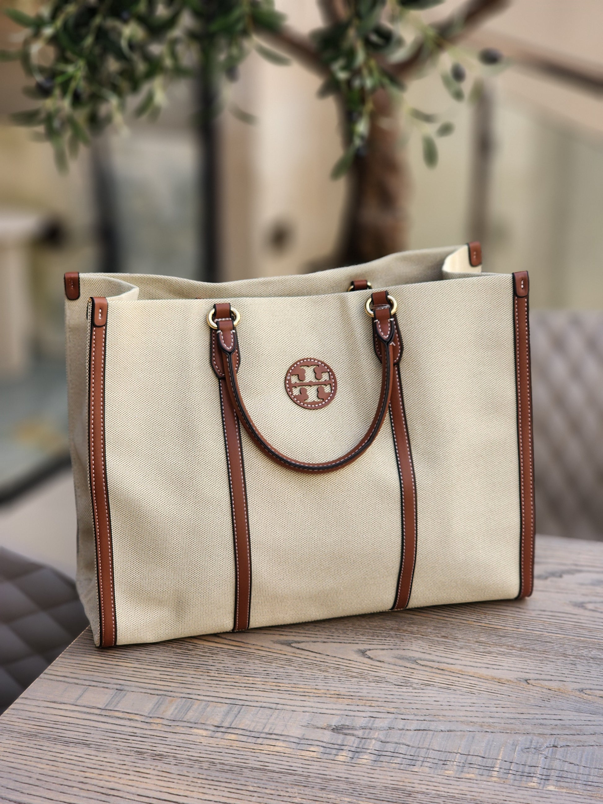 Canvas Structured Tote – Cream with Brown Trim
