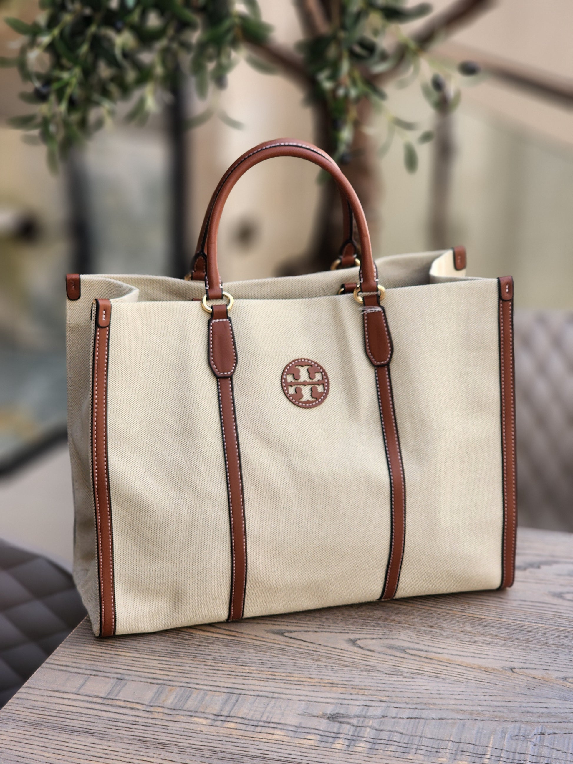 Canvas Structured Tote – Cream with Brown Trim