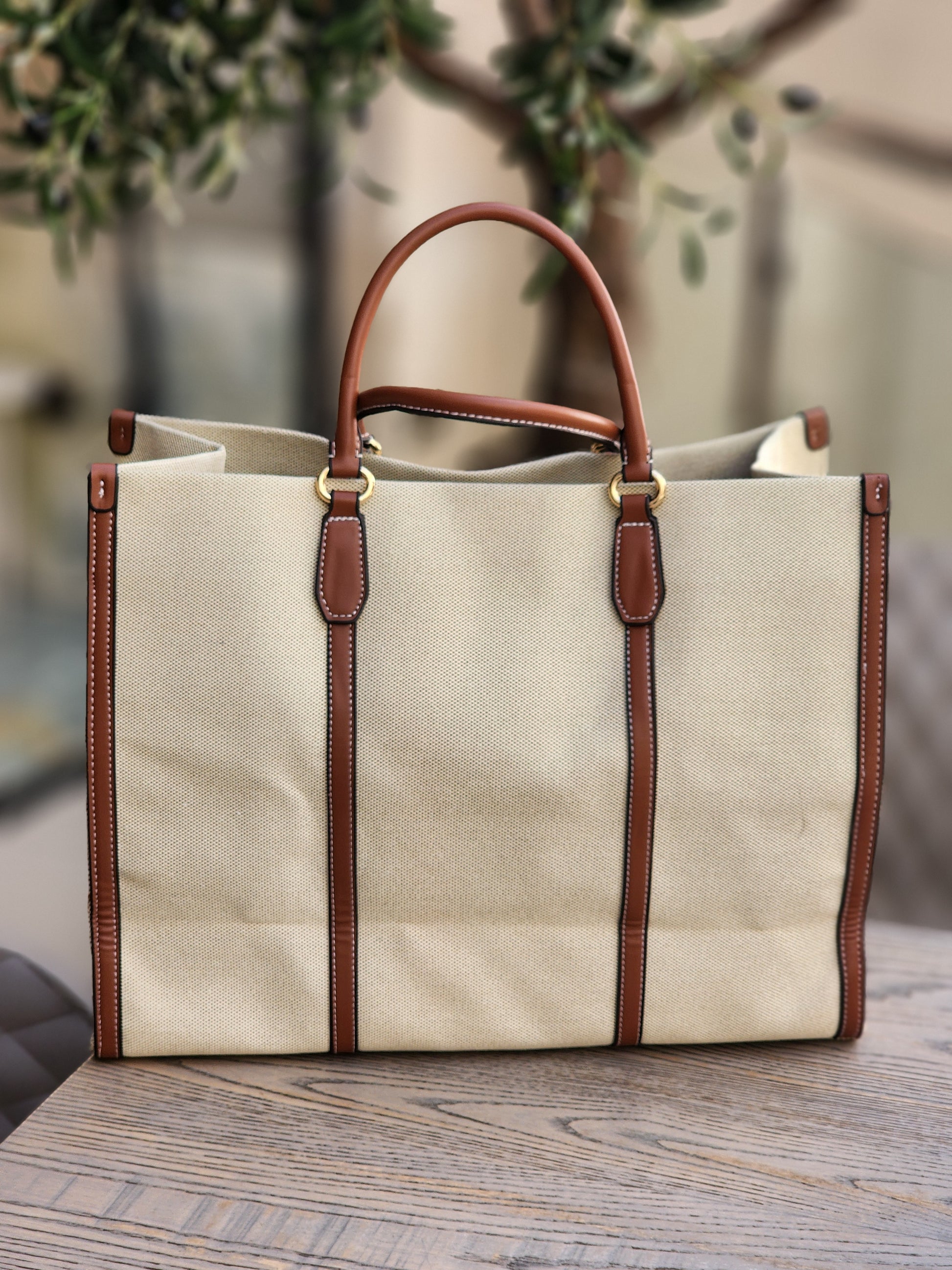 Canvas Structured Tote – Cream with Brown Trim