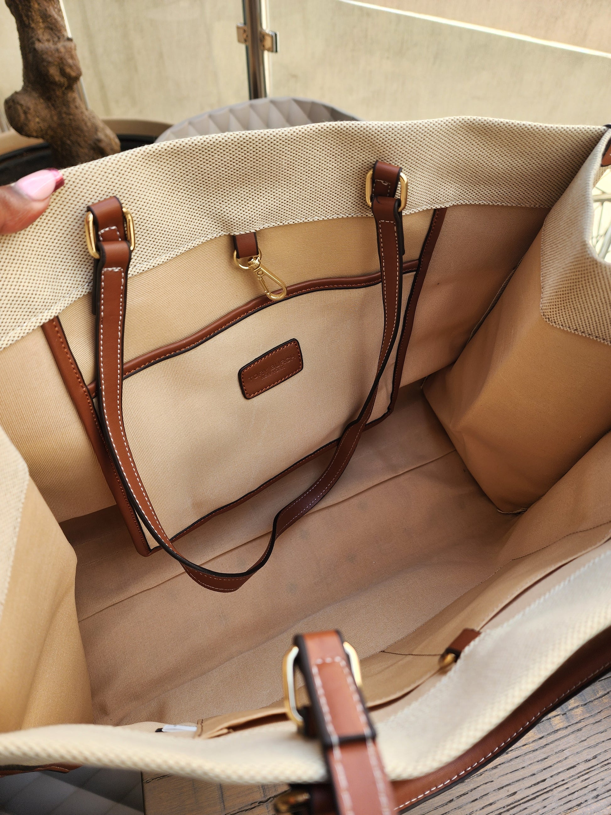 Canvas Structured Tote – Cream with Brown Trim
