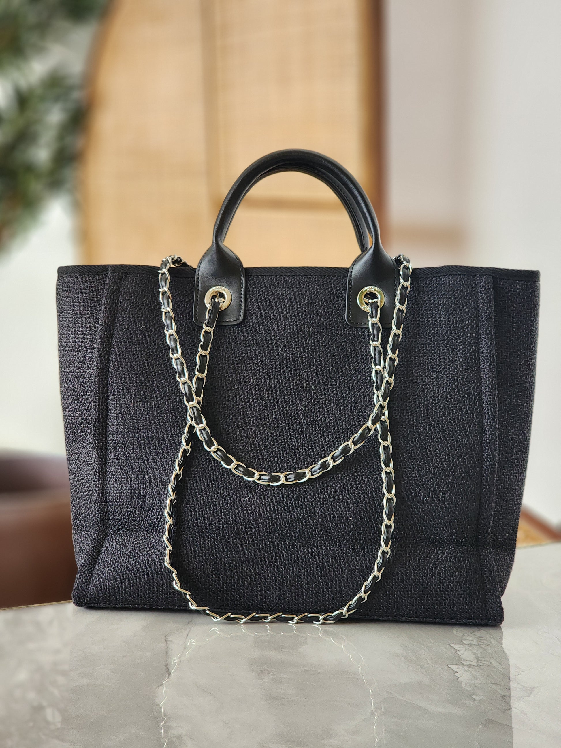Chain Handle Canvas Tote – Black Edition
