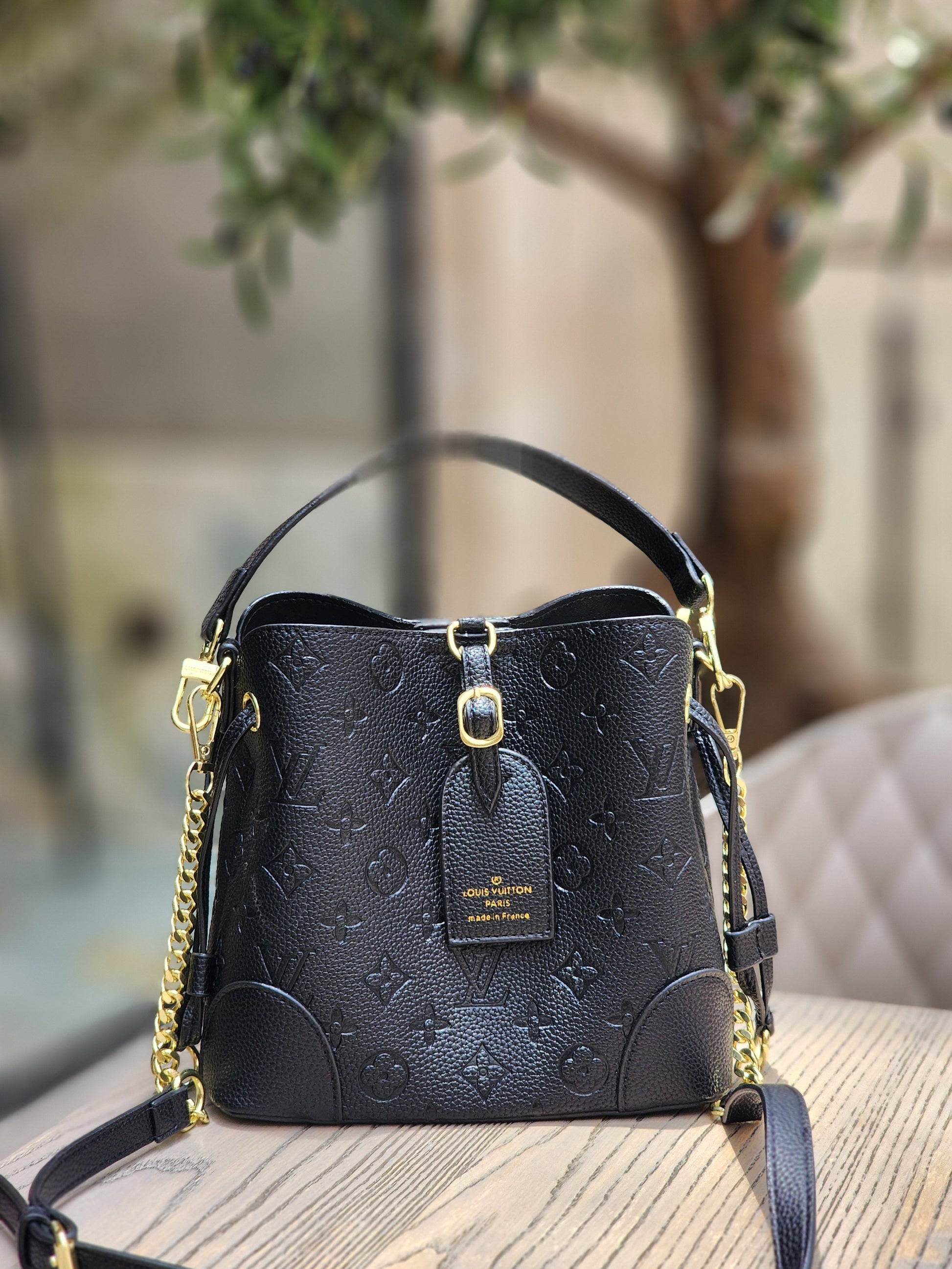 Embossed Leather Bucket Bag – Black & Gold Edition
