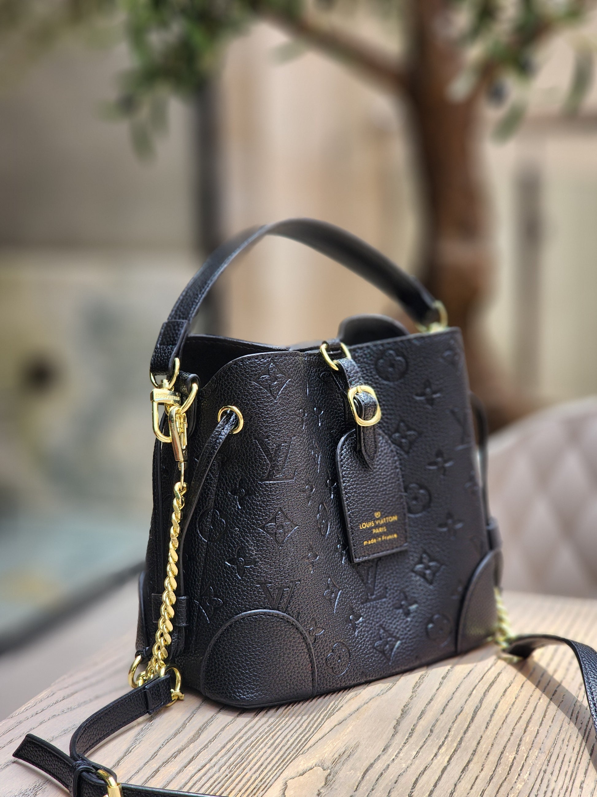 Embossed Leather Bucket Bag – Black & Gold Edition
