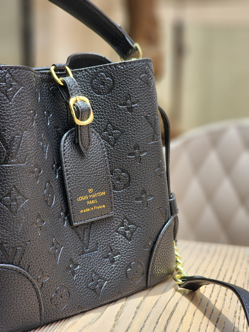 Embossed Leather Bucket Bag – Black & Gold Edition