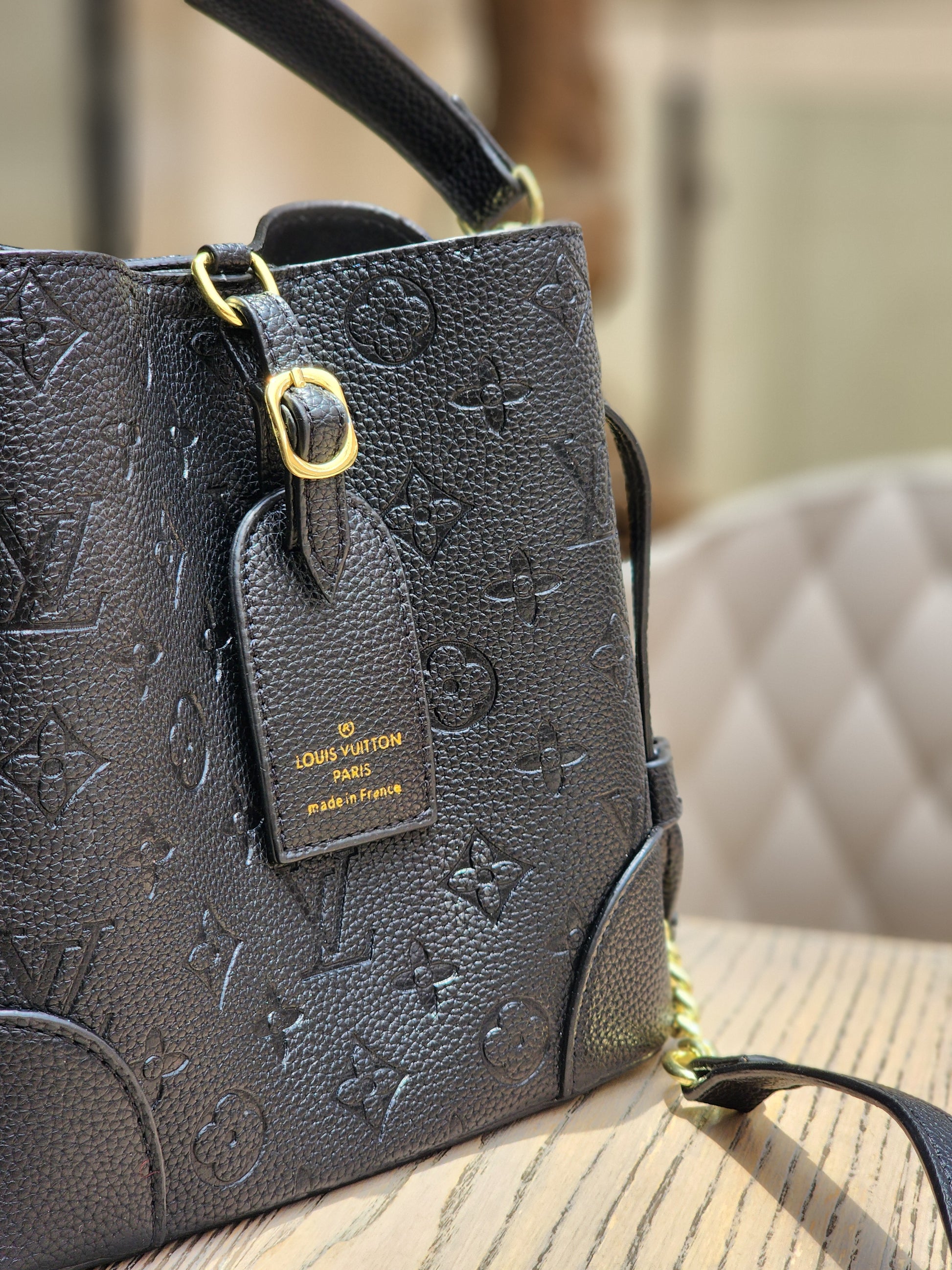 Embossed Leather Bucket Bag – Black & Gold Edition