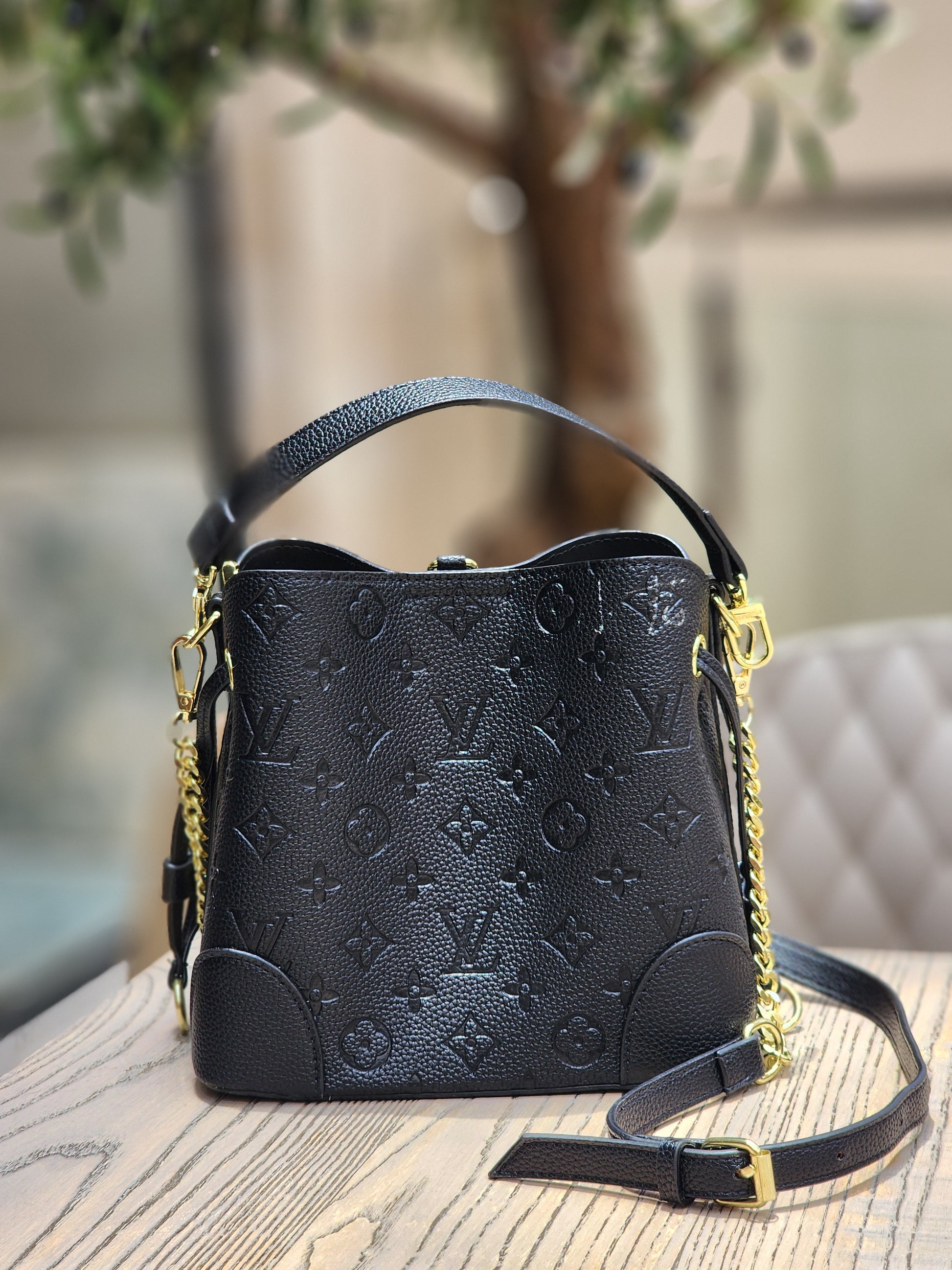 Embossed Leather Bucket Bag – Black & Gold Edition