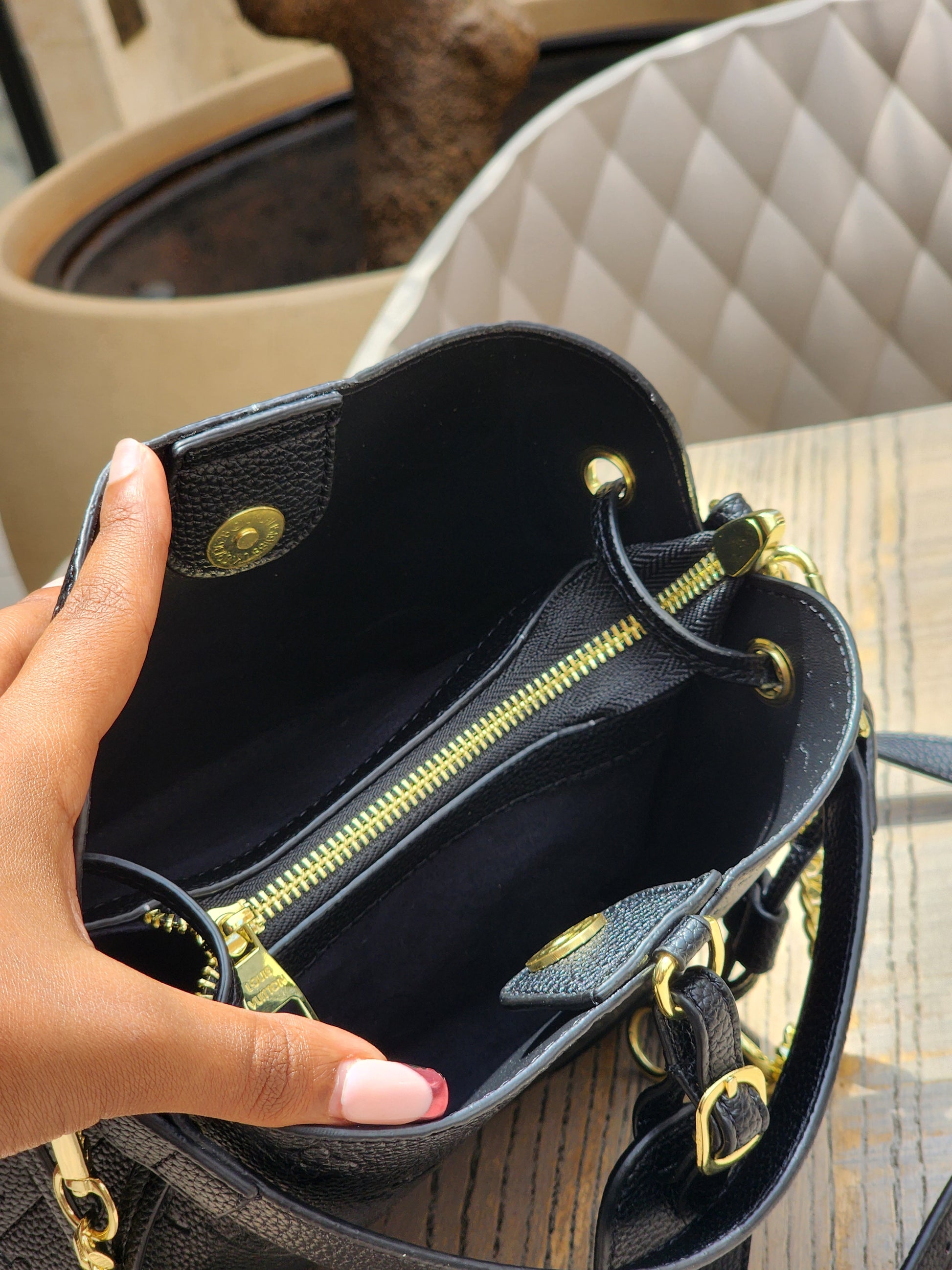 Embossed Leather Bucket Bag – Black & Gold Edition